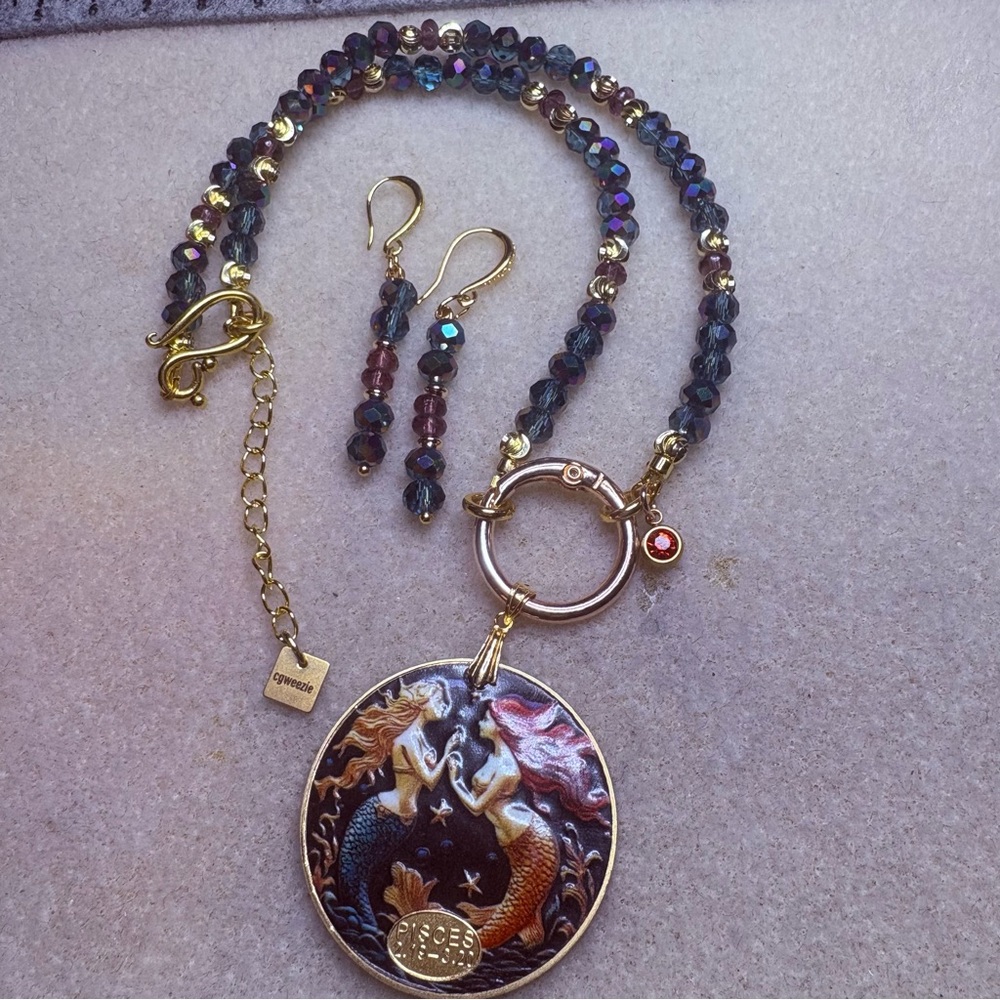 Artisan Handmade Gold Blue Pisces Mermaid Zodiac Coin Reversible Necklace Set - Picture 3 of 13